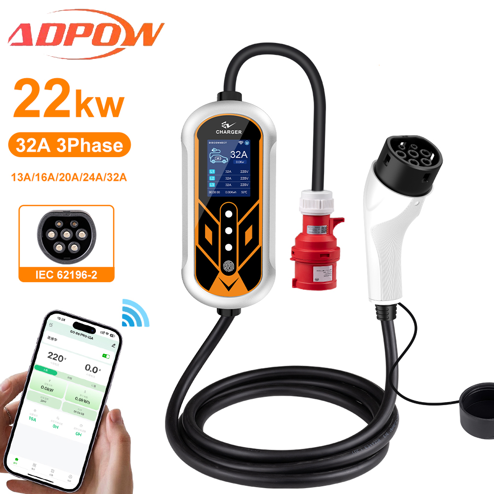 ADPOW Портативные 32A Type2 За – обзор и цена Portable Ev Charger 32A Type 2 Cee Plug
